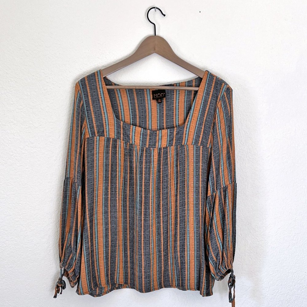 Womens Mod Lusive Boho Swing Blouse Size Large - Blue, Orange and Teal Stripe